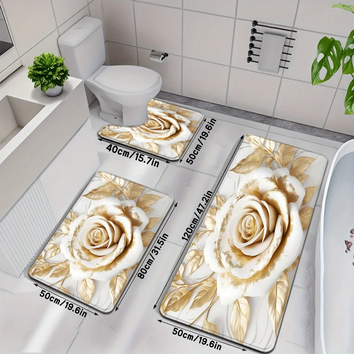 

Luxurious Rose Floral Pattern Bath Mat Set for Bathroom Rug Home Decor Spa Elegant Washroom Accessories Mat Decor