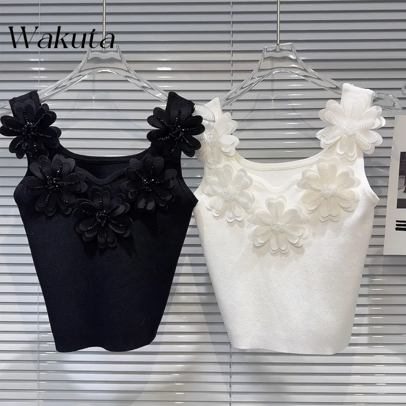 

WAKUTA 2024 Summer U-neck Sleeveless Small Fragrant Style Tees for Women 3D Flower Bead Solid Color Exquisite Knitted Suspender