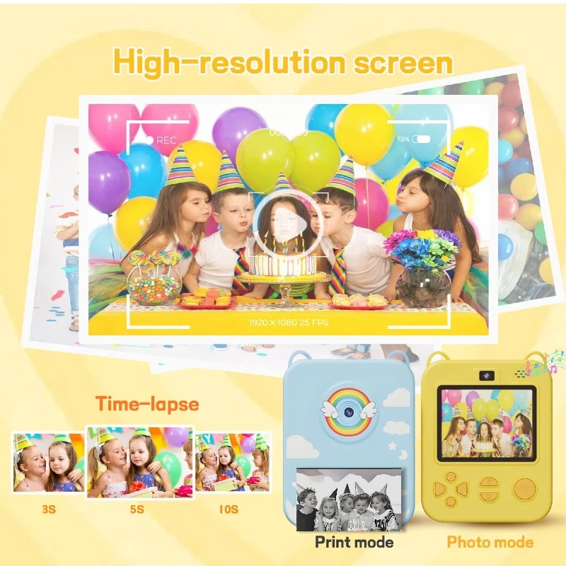 Kids Instant Print Camera Pink Unicorn 1080P HD 3s/5s/10s Thermal Printer for Girls Boys Educational Toy Birthday Christmas Gift