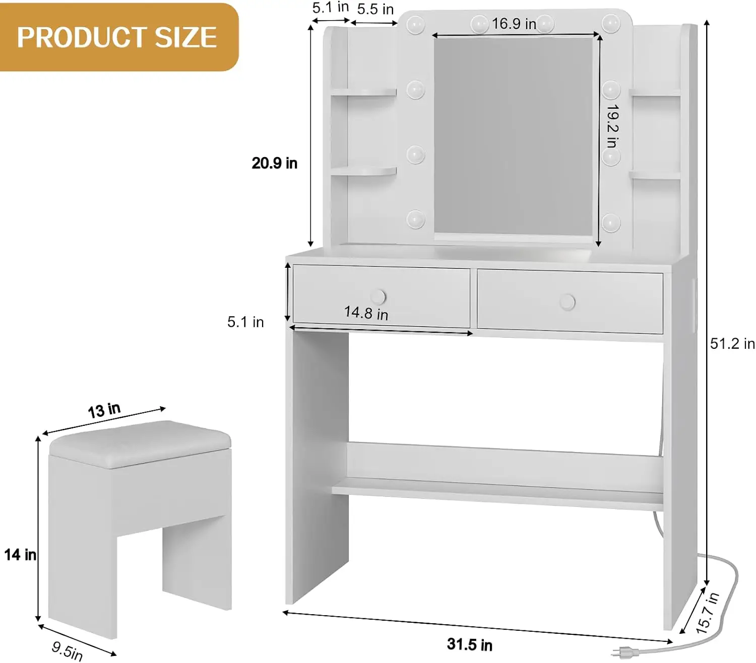 Makeup Vanity Desk with LED Mirror and Chair Set, White | 3 Lighting Modes, Built-in Charging Station, Storage Drawers
