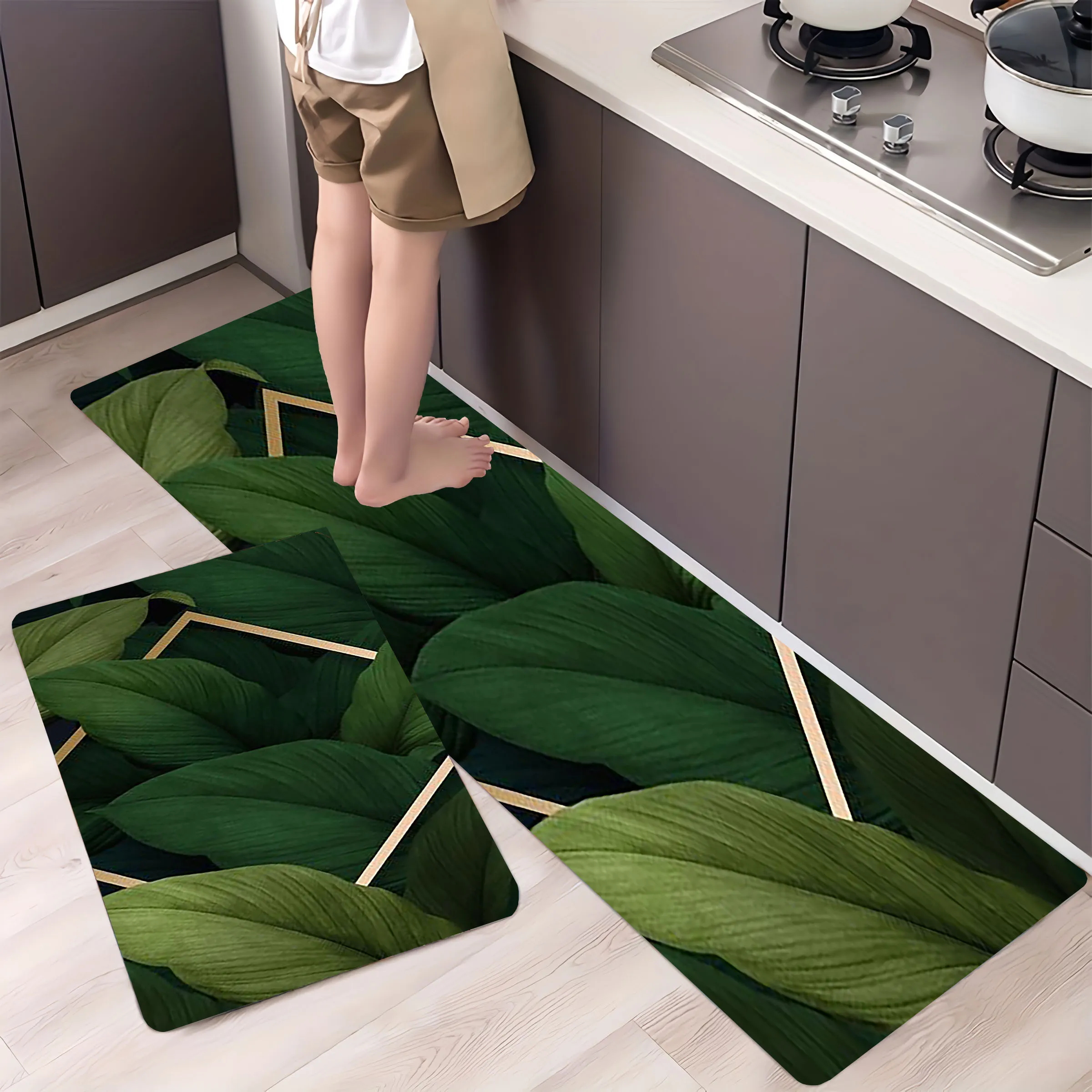 

Tropical Green Leaf Art Design Kitchen Carpets Bathroom Mat Non-silp Flannel Doormats for Home Decorative Accessories Floor Pads