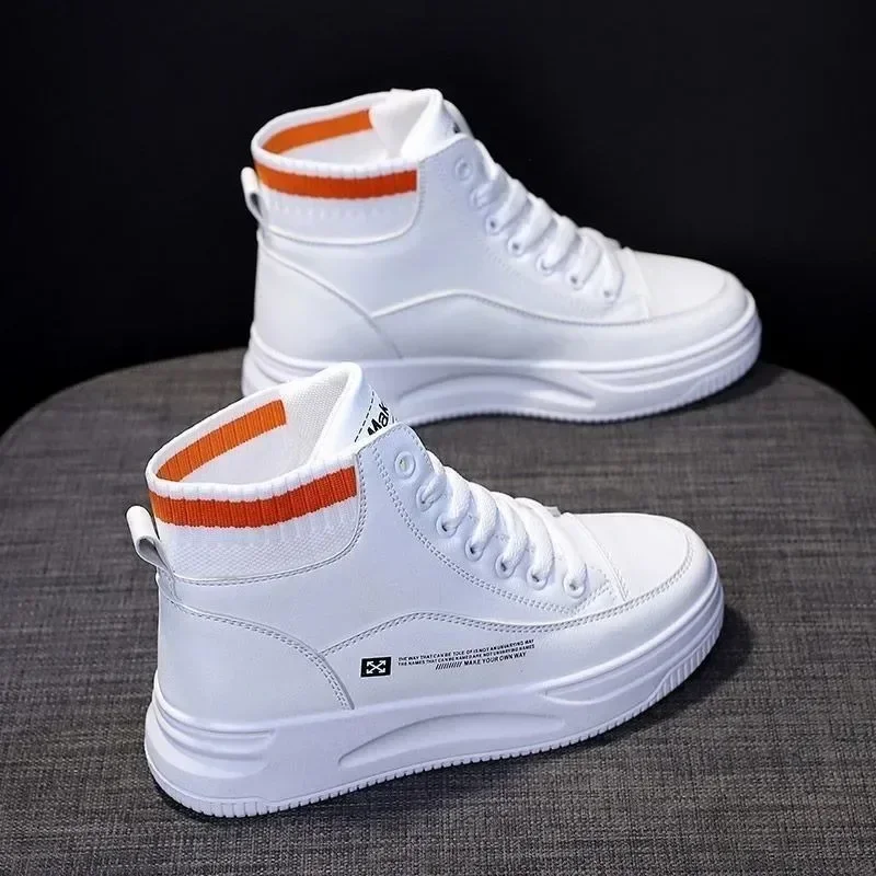 Wiosenne damskie trampki na platformie High Top Fashion Breathable White Sport Shoe PU Leather Tennis for Women Baskets Femme Compensées