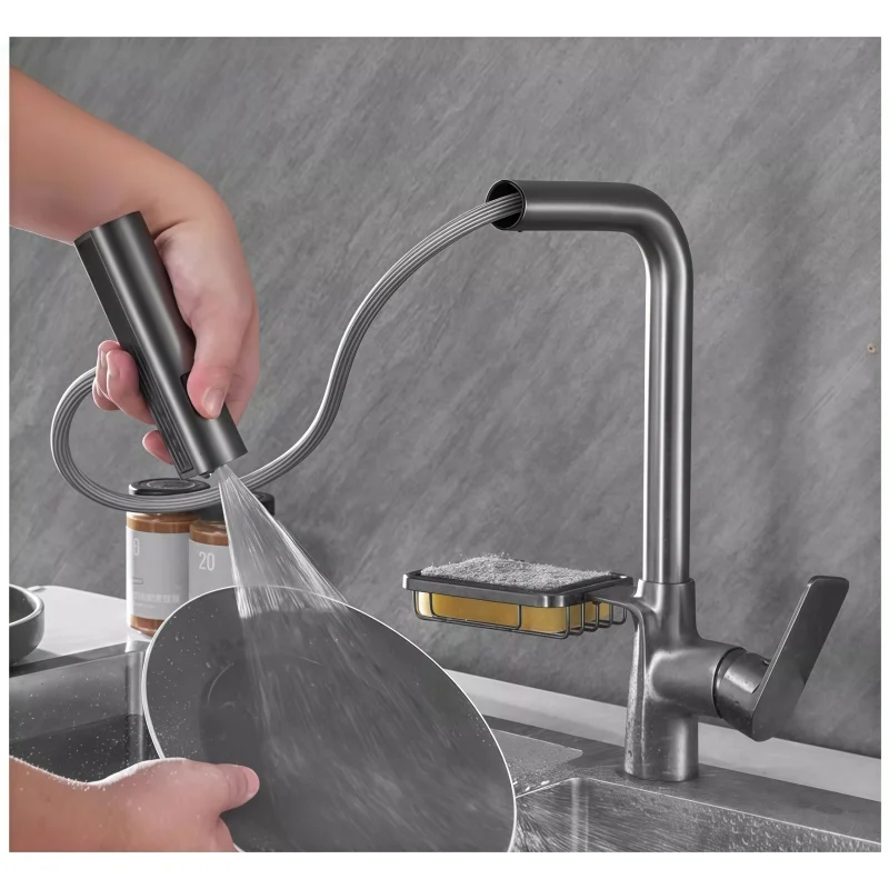 Kitchen Pull-Out Vegetable Basket Rainfall Retractable Sink Hot and Cold Faucet Universal Splash-Proof Faucet