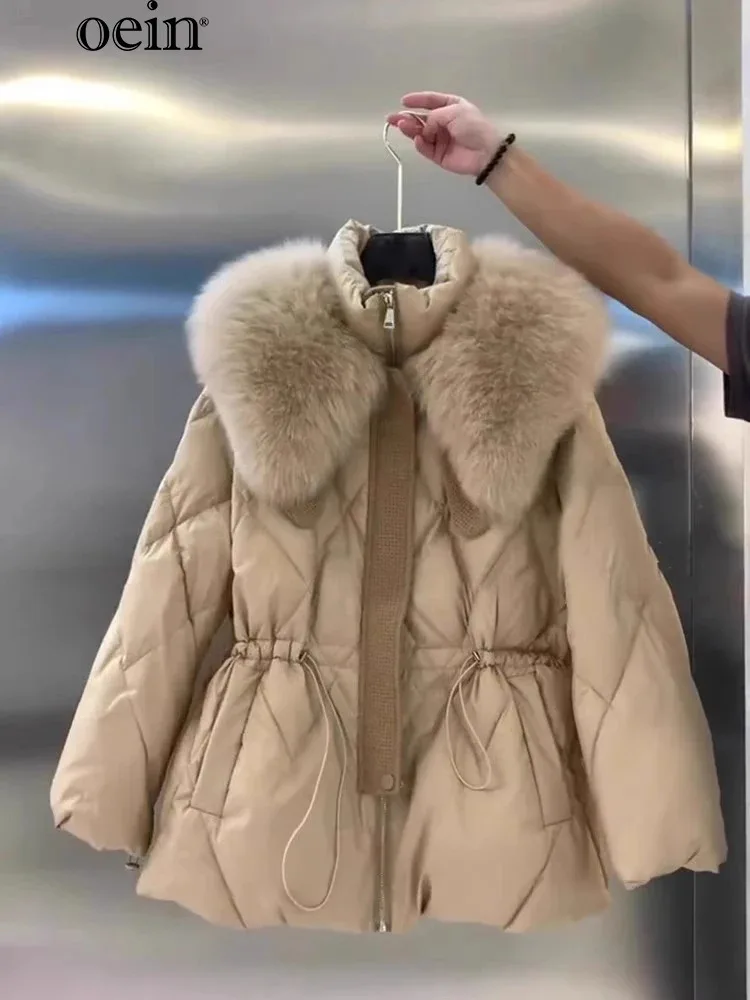 [oein] 2024 Mid To Long Style Waist Cinched, Big Fur Collar, Down Cotton Jacket, Women's Winter Plus Size, High-end Design