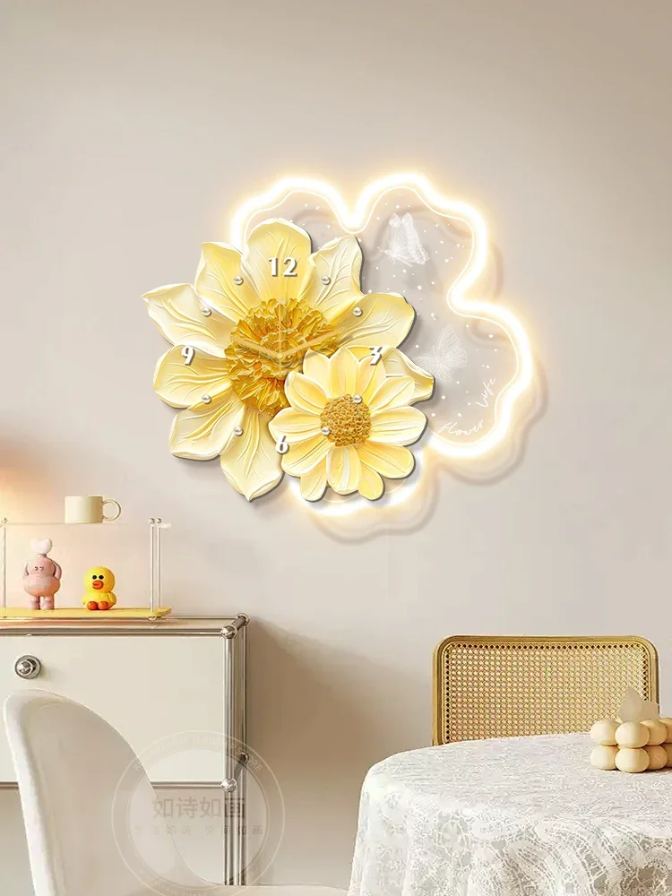 Modern Flower Wall Clock Silent Large Living Room Clock Creative Luxury Wall Adhesive Clocks with Light Interior Decoration