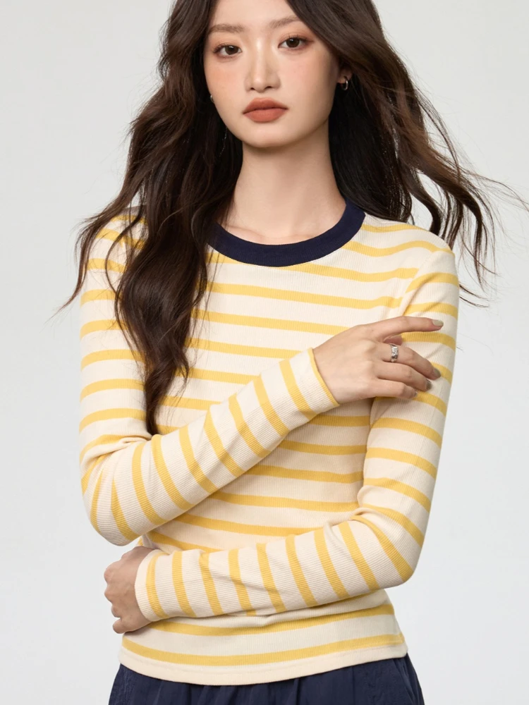 

Autumn Winter Retro Contrast Color Striped Pullover Women O-Neck Long Sleeve T-Shirt Casual Pullover Top Korean Fashion Sweaters