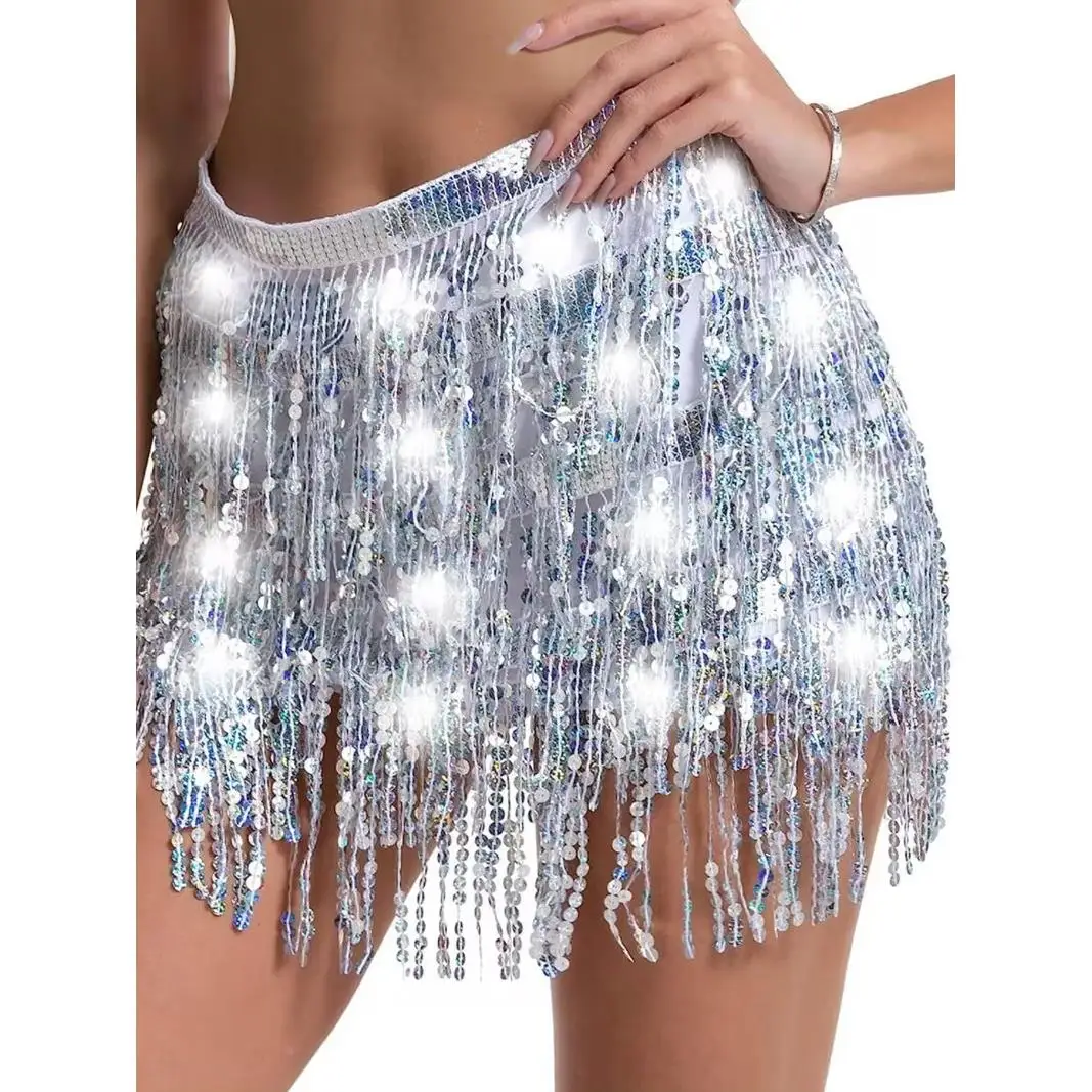 

loween Sequin Tassel Skirt Four Layers LED Glowing Belly Dance Waist Chain Hip Wrap Gift iny Sparkling Women's Skirt