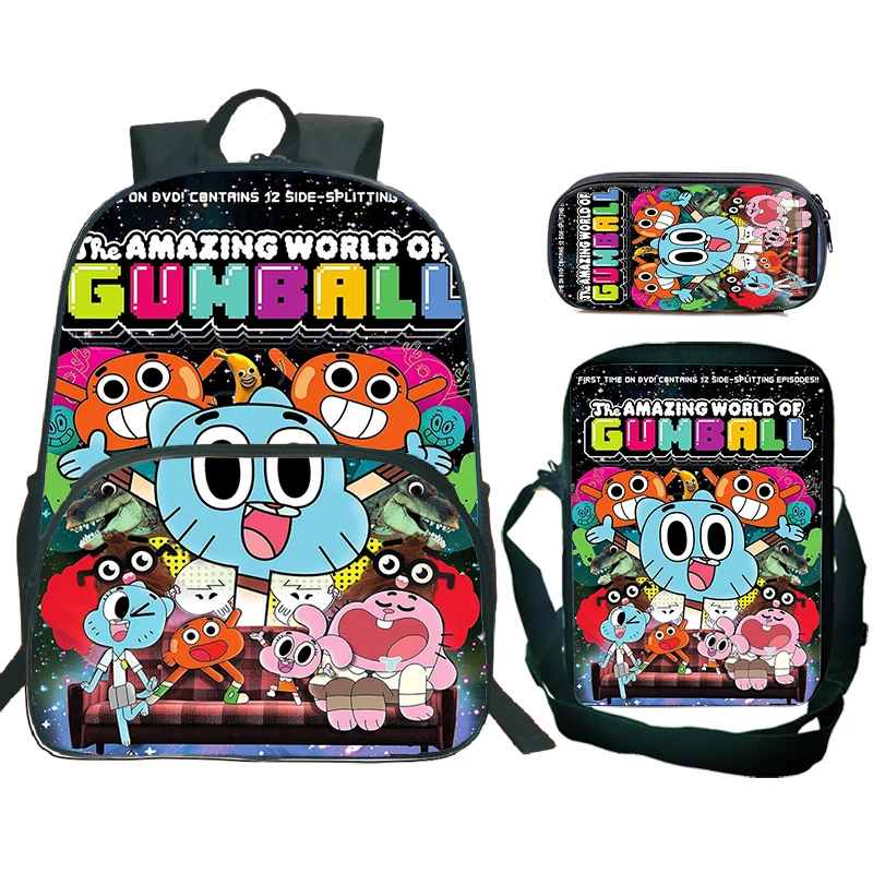 3Pcs Set The Amazing World Of Gumball Backpack for Boys Girls Anime Book Bags Kids School Bags Shoulder Bag Pencil Case Mochila