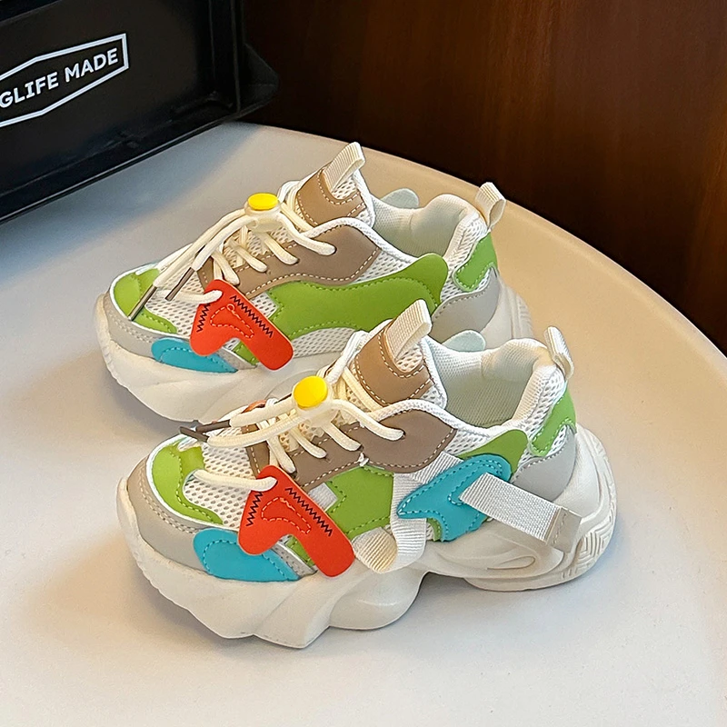 

Toddler Patchwork Sneakers Mesh Breathable Kids Boy Girl Running Shoes for School Non-slip Chunky Children Fashion Sports Shoes