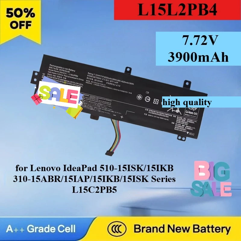 

3900mAh 7.72V L15L2PB4 Laptop Battery Compatible with Lenovo IdeaPad 510-15ISK/15IKB 310-15ABR/15IAP/15IKB/15ISK Series L15C2PB5