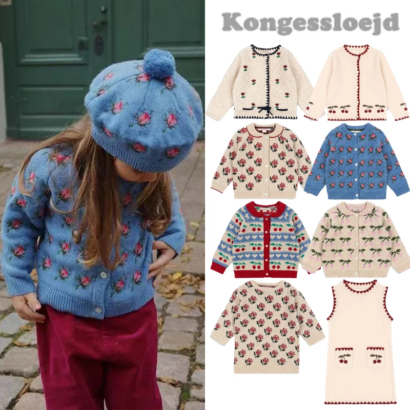 

2025 New Autumn Winter Konges Slojd Children's Sweater Boys Knitted Warm Top Girl's Flower Embroidered Wool Sweater