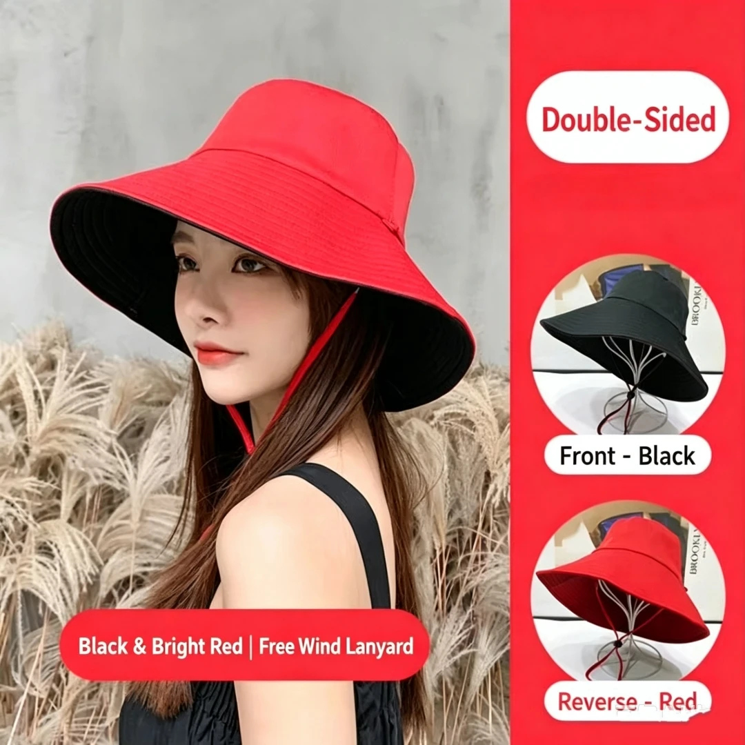 Double-Sided Solid-Color Fisherman Hat for Women Fashionable Hat for Spring and Summer Large brim Hat for Sun Protection