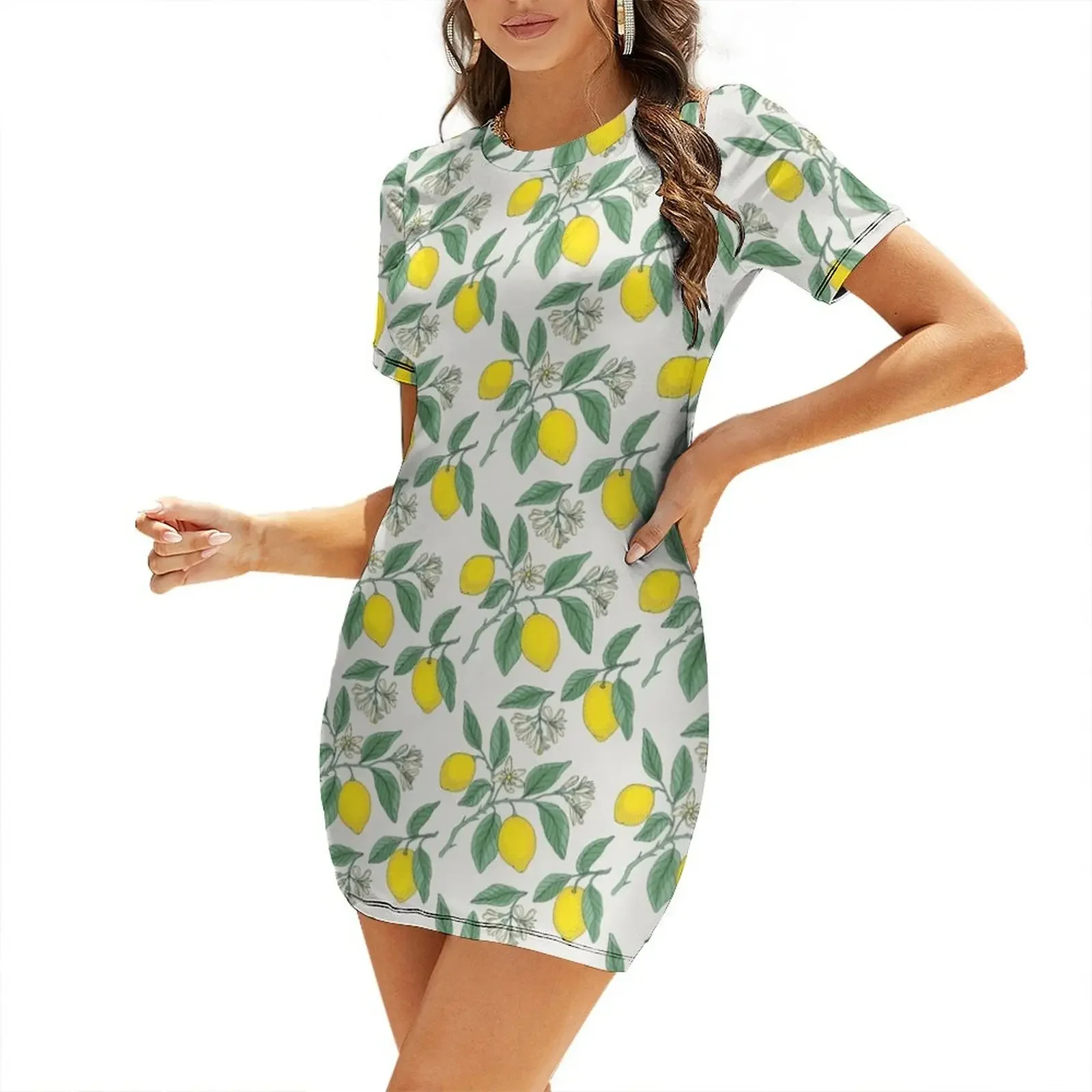 

Lemon botanical print Short-Sleeved Dress women's luxury party dress elegant women's sets Dresses gala Aesthetic clothing Dress