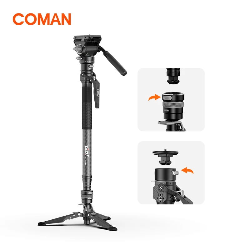 Monopié de fibra de carbono COMAN M1 PRO V5, trípode de viaje de 4 secciones con elevación de un clic y placa de liberación rápida para soporte de cámara DSLR