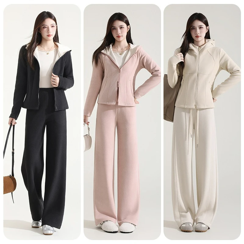 

2026 Autumn New Style Sporty Sweatshirt Set Straight-leg Casual Loose Versatile Fleece Thickened Hooded Two-piece Set for Women
