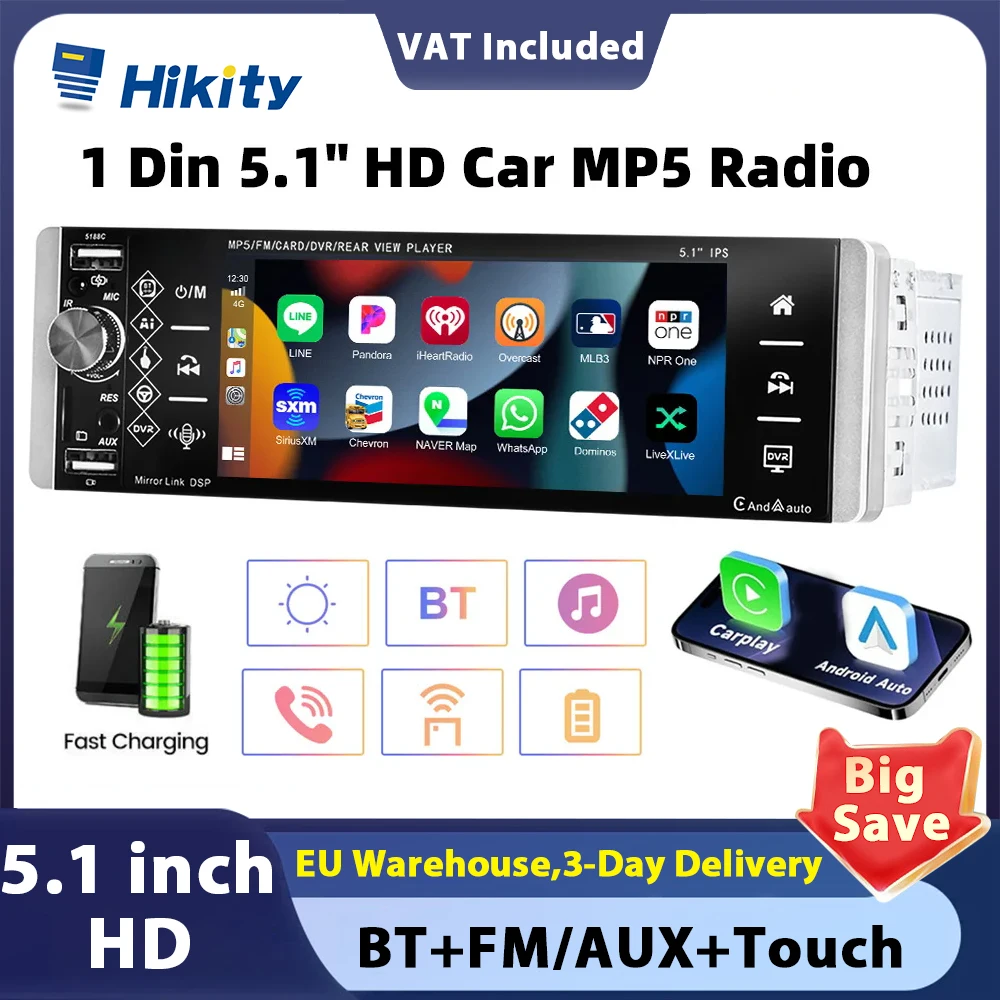 Hikity AI Voice Carplay Android Auto 5.1'' Car Radio 1 Din FM SD DVR Touch Screen HD Car MP5 Audio Multimedia Player