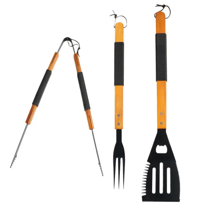 3PCS BBQ Grill Tool Set Outdoor Stainless Steel Grilling Accessories Wooden Handle Grill Tool Set With Spatula Fork Clip