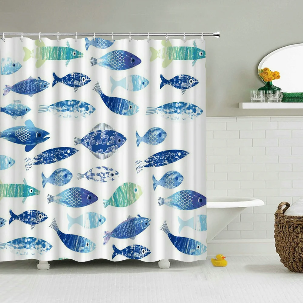 Funny Big Fish Dream Abstract Shower Curtain Blue Ocean Animal Seaweed Texture Waterproof Fabric Hooks Curtains Bathroom Decor