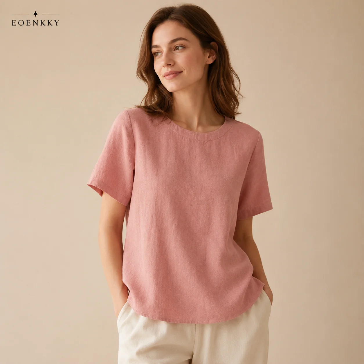 EOENKKY Women Cotton Linen Blouse Short Sleeve Round Neck Loose Fit Casual Summer Top Solid Color Pullover Shirt