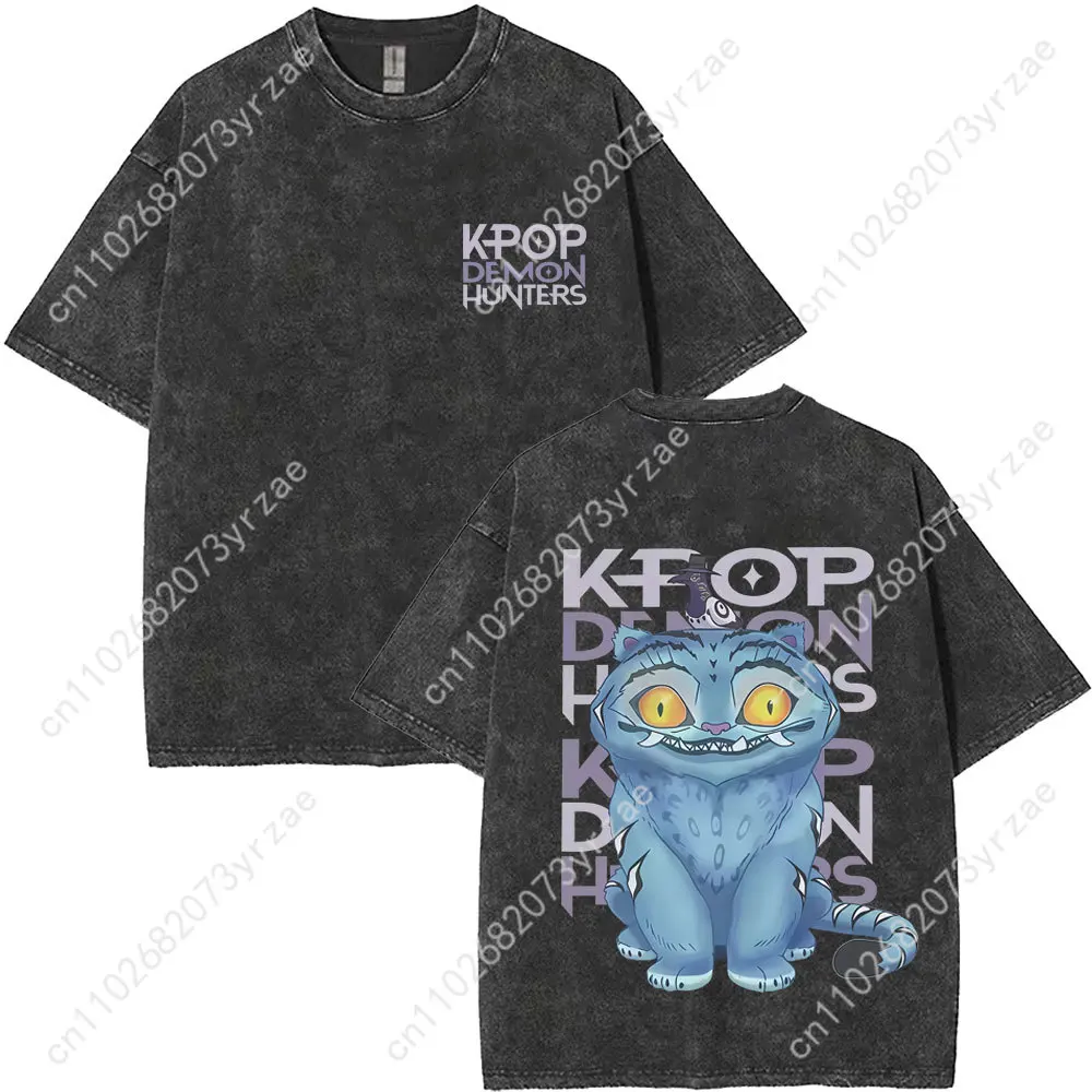 Kpop Demon Hunters rétro lavage t-shirt homme femme haute qualité Vintage t-shirt mode coton manches courtes doux dessus respirants