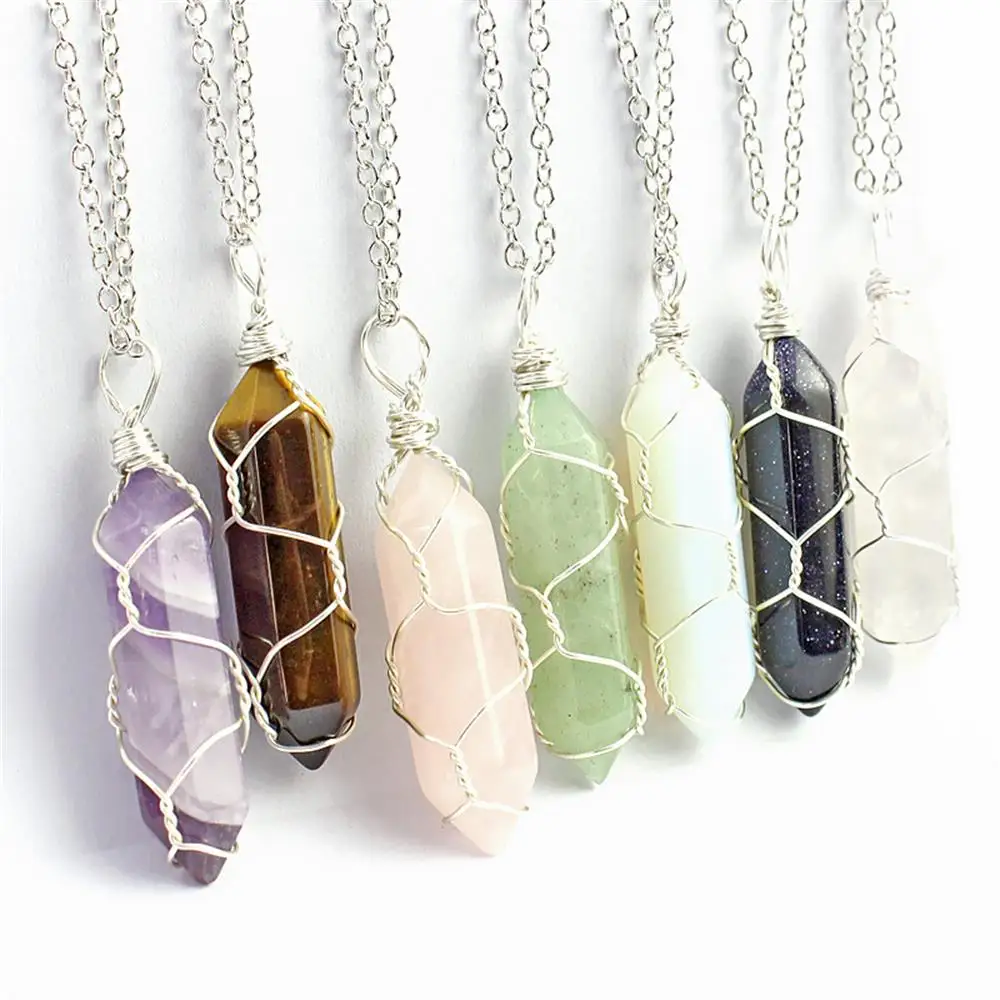 Hexagonal Natural Stone Wire-Wrap Amethyst Quartz Pendant - Image 5