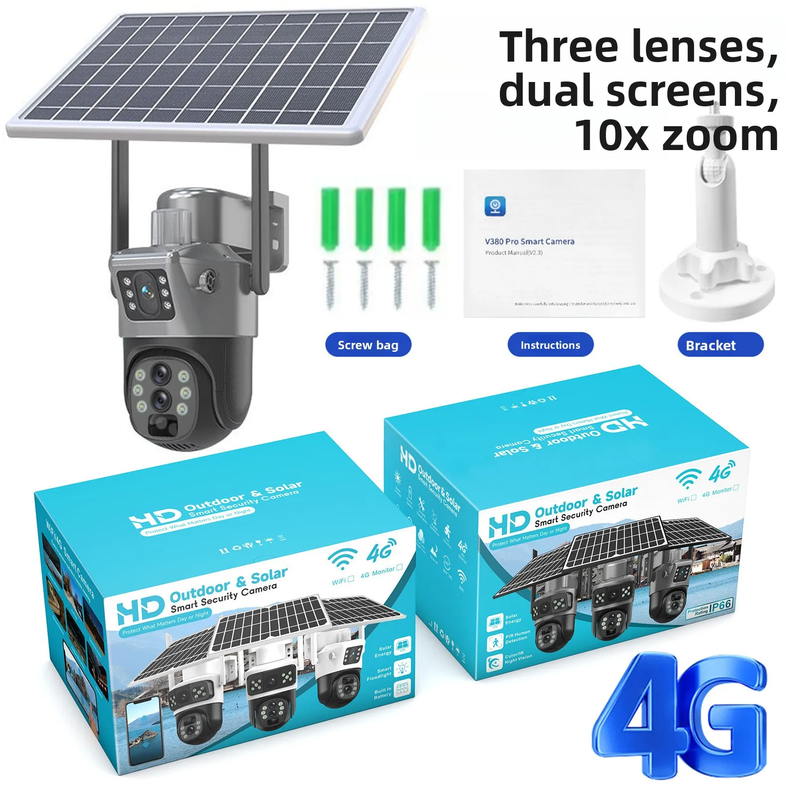 V380 solar camera 4G dual-screen gun ball three-eye 10x zoom wireless monitor