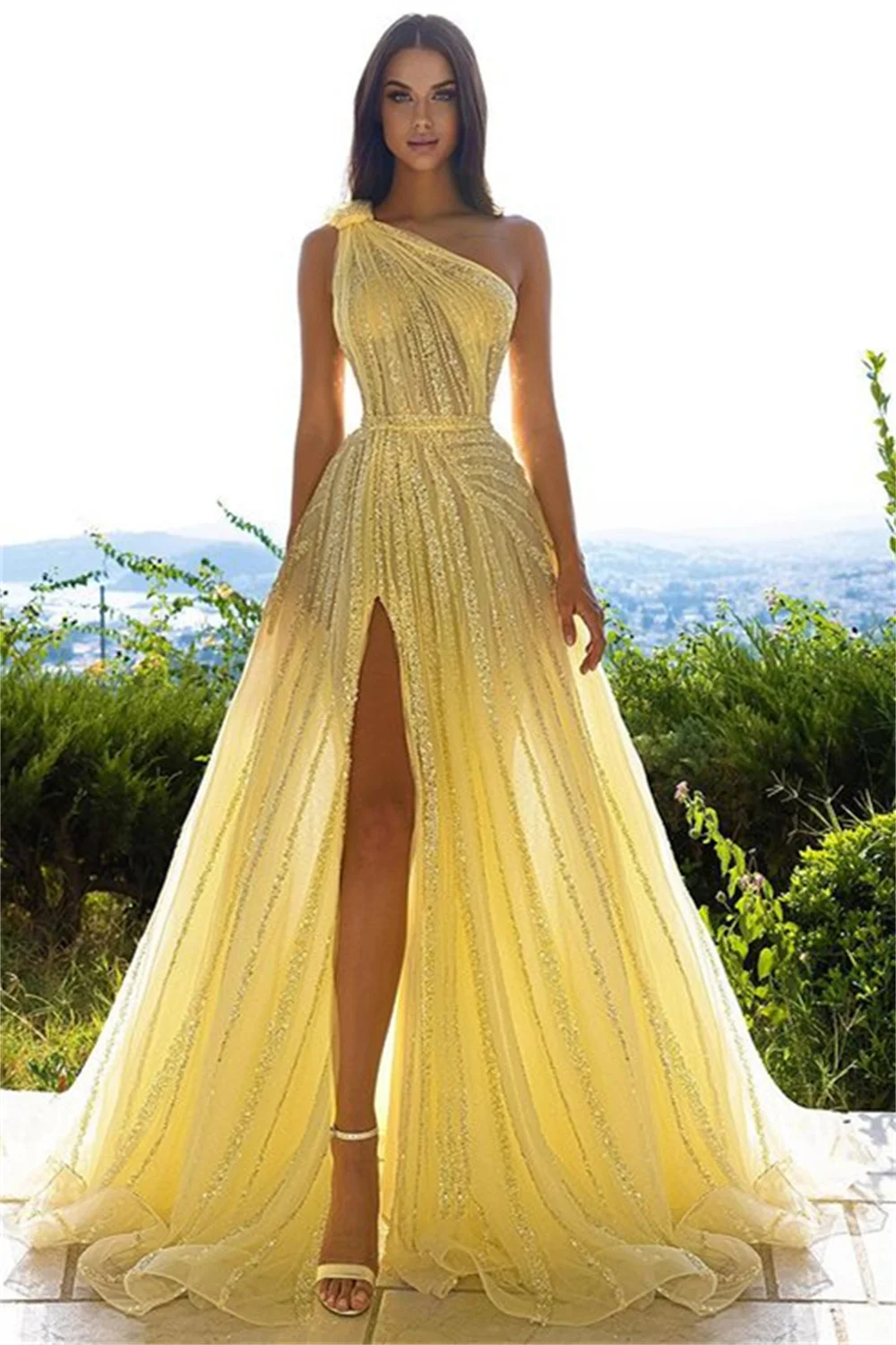 Bella Luxury Beaded Prom Dresses Yellow One Shoulder Wedding Dress Customized Sleeveless Sexy Side High Split Vestidos De Fiesta