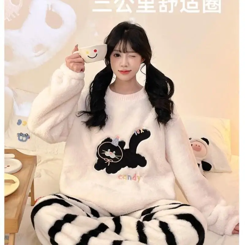 

Women's Pajama Set Flannel Cartoon Sweet Spring Autumn Winter Plush Thermal Cozy Lounge Outdoor Ladies Girl Homewear Nightwear