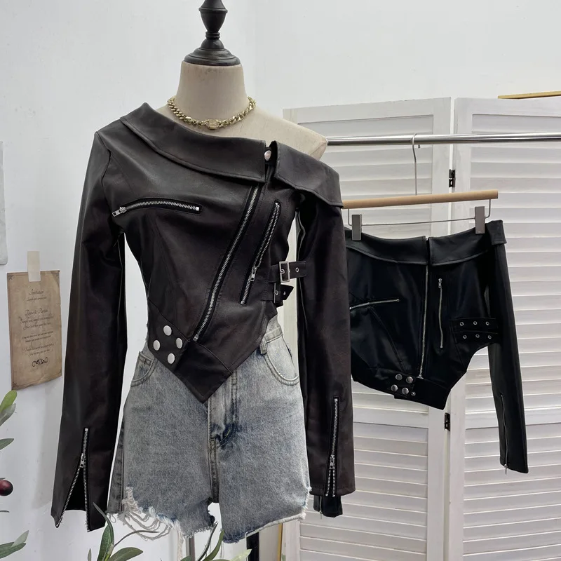 

Sexy Short Slanted Shoulder Leather Jacket Coat Women's Pu Leather Irregular Zipper Locomotive Top