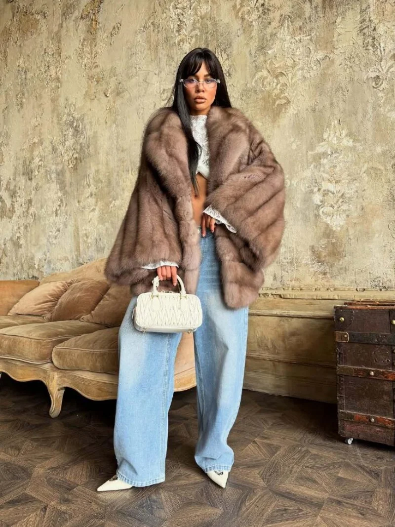 Women's Elegant Fake Fur Jacket Fashion Winter New Sleeve Bell Lapel Long Sleeve Coat Luxury Daily High Street Lady Outwear