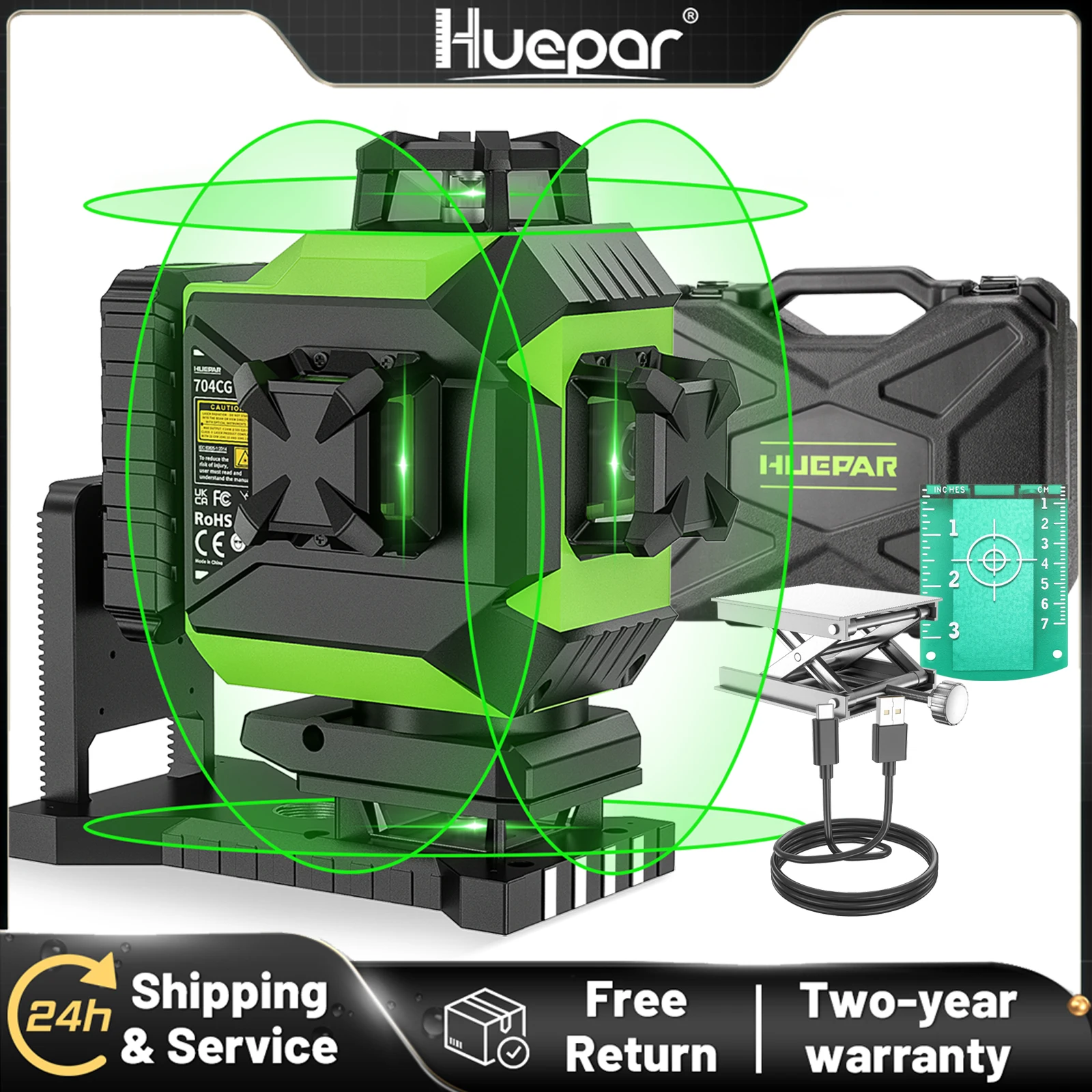 Huepar 704CG 360° Cross Line Laser Level 16 Lines Self-leveling 4D Green Level Pulse Mode Adjust Bright Tiling Floor Laser Tool