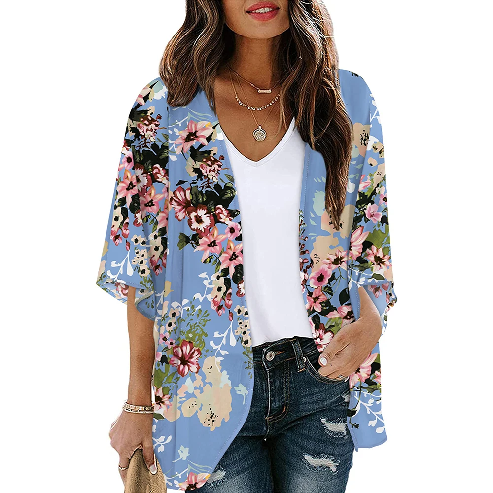 Women Summer Long Flowy Kimono Cardigans Boho Chiffon Floral Beach Cover Micro Bikinis Female Bathing Suit Top Short Sleeve