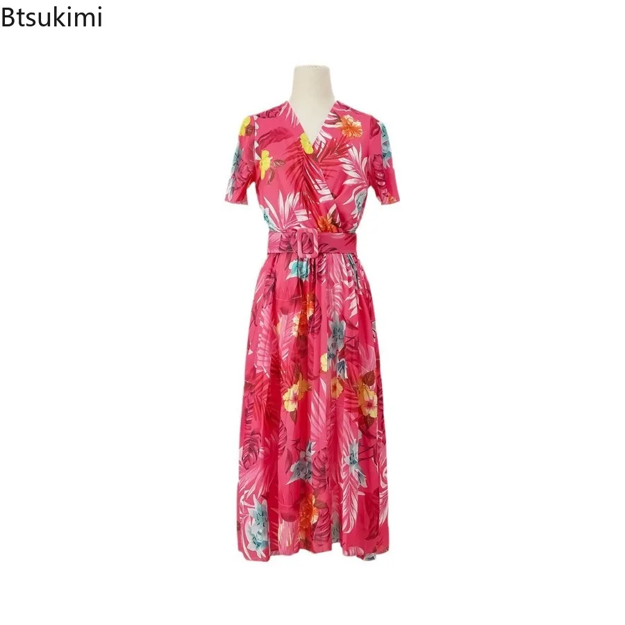 New 2024 Women's Summer Luxury Brand Floral Print Wrinkled Short Sleeve Waistband Dress Fashion V-neck Holiday Long Dress Female