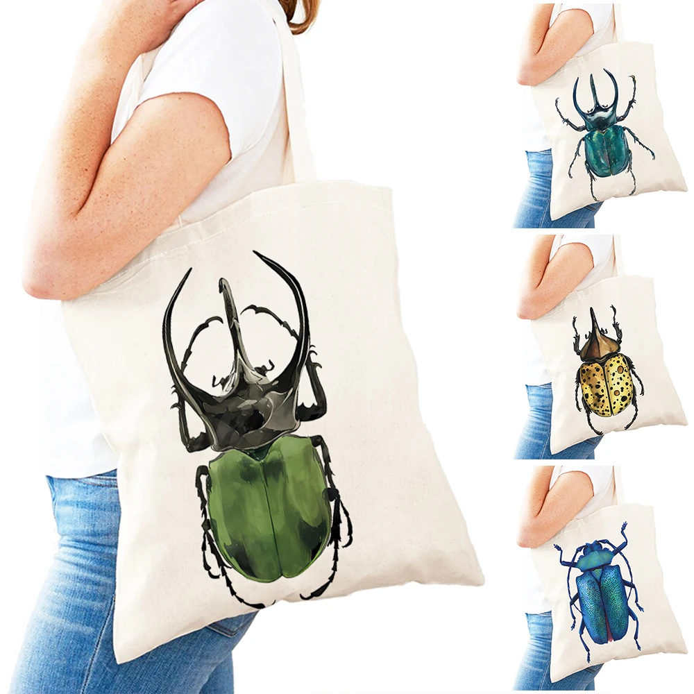 Insect Beetle Collection Women Shopping Bags Cartoon Animal Cloth Double Print Canvas Lady Shopper Bag Children Tote Handbag