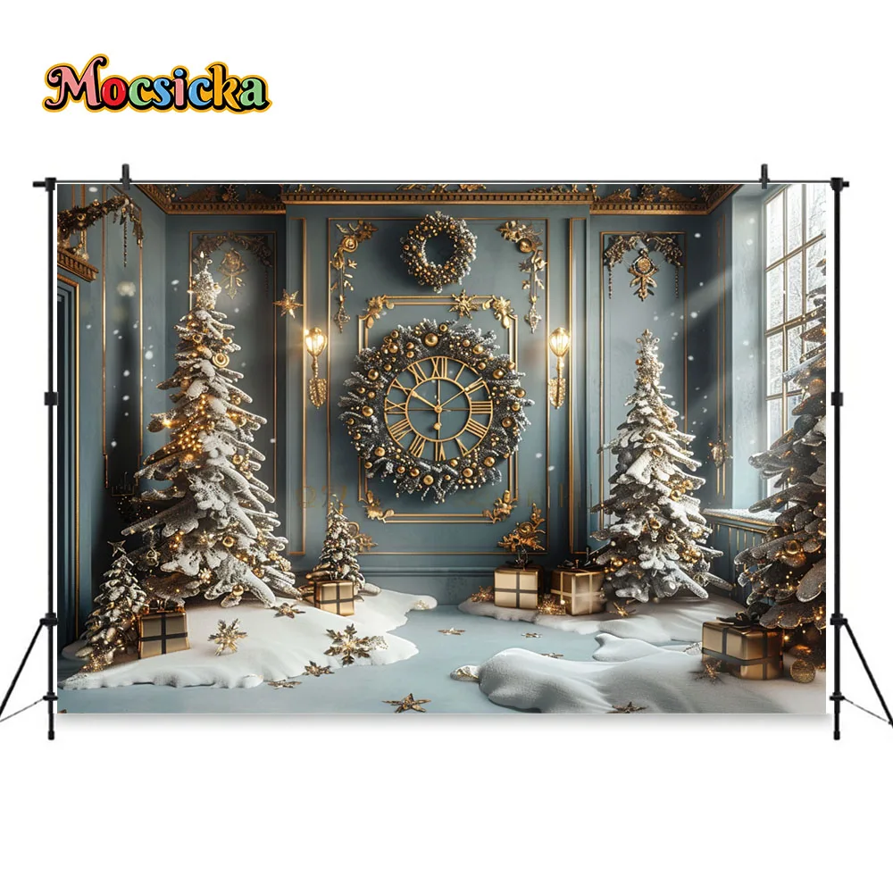 Christmas Photography Background Gold Clock Xmas Tree Decor Family Portrait Backdrop Winter Kid Birthday Indoor Palace Booth