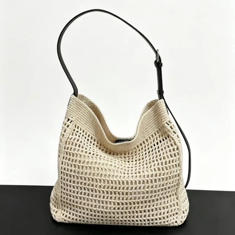

Hollow Wax Wire Woven Tote Bag Splicing Shoulder Large Capacity Underarm Texture Unique Fashion Oblique Span Holiday Wind
