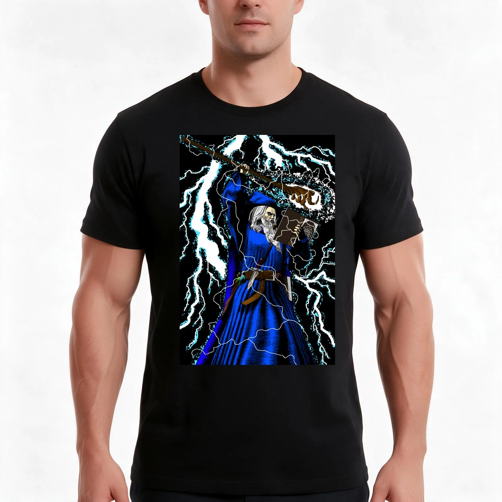 Merlin - Traditional High Fantasy Wizard (Blue) T-Shirt, Summer Casual Cotton Tee, Oversized Streetwear Tops, Unisex Men Women