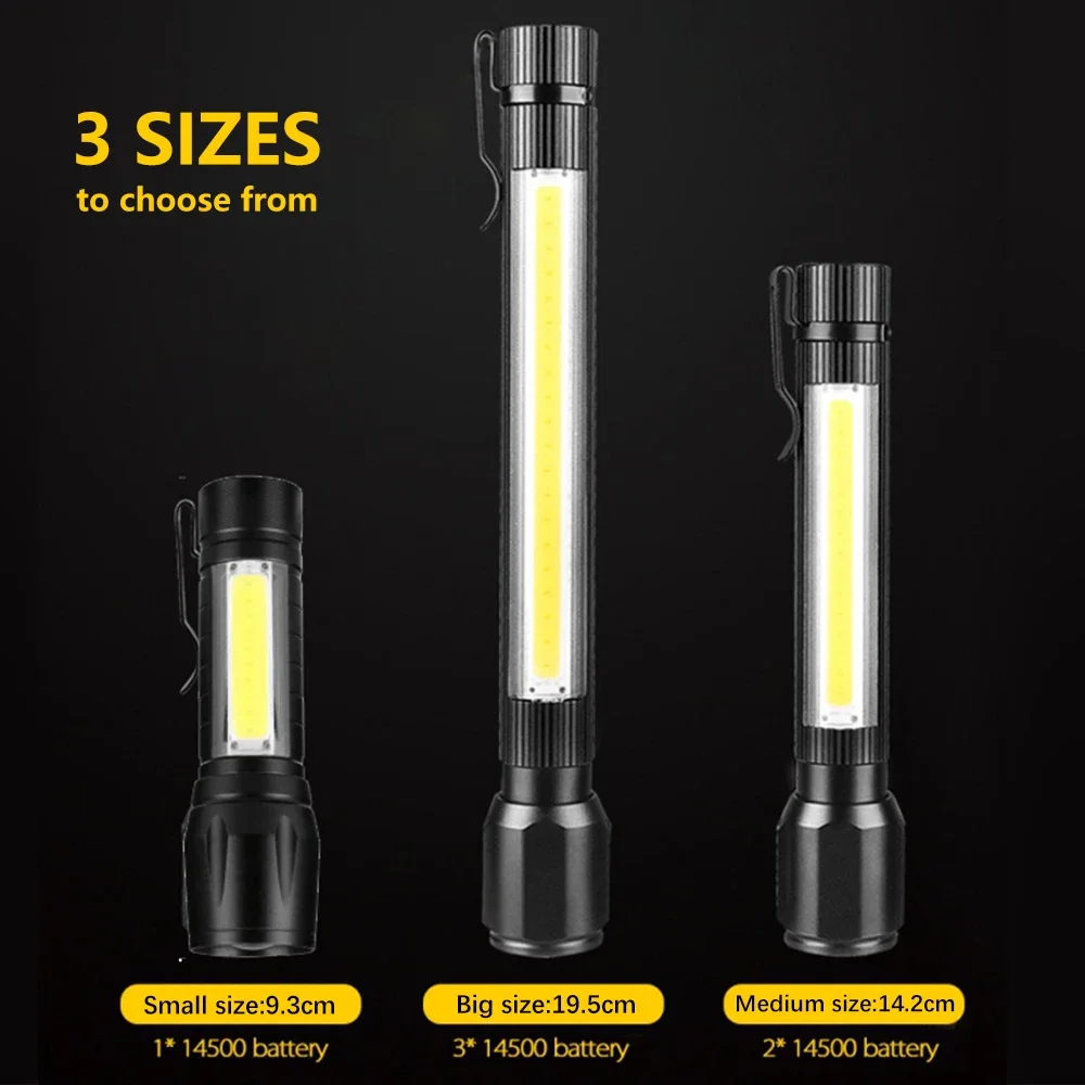 Super Bright LED Flashlight COB Work Light 3 Modes USB Rechargeable Torch Camping Lantern with Hook Waterproof Flash Lights