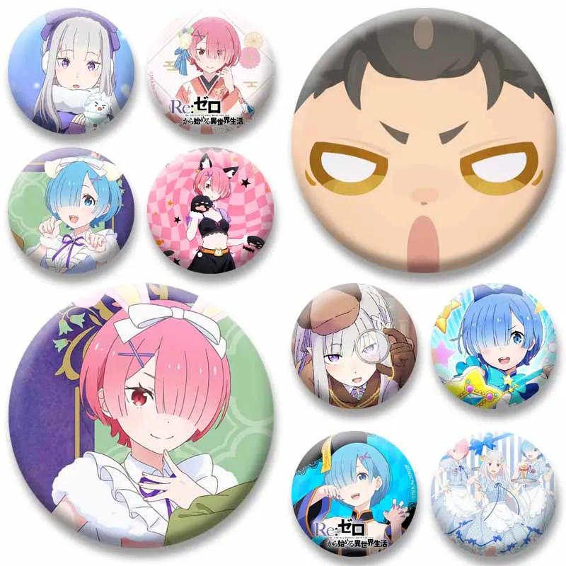 Cute Anime Character Emilia Natsuki Subaru Ram Rem Beatrice Badges Cartoon Round Coin Brooches Bag Jacket Jewelry Pins Accessory