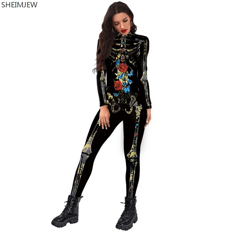 Halloween Horror Party Cosplay Jumpsuit Adult Skeleton 3d Printing Bodysuit Women Sexy Slim Elastic Zentai Suit Rave Catsuit New