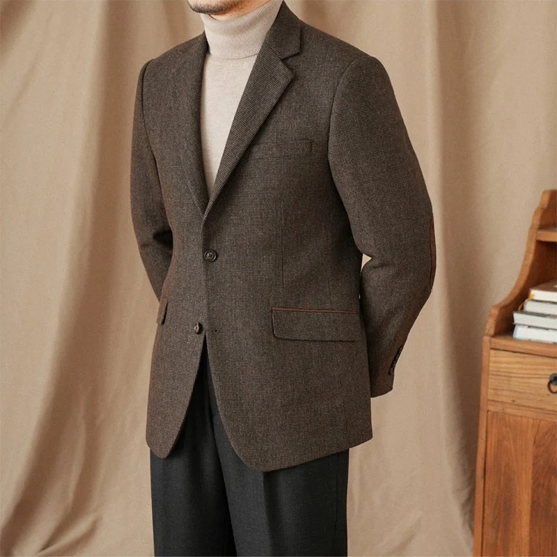 

Autumn Winter Vintage Brown Men's Suit Jacket Single Breasted Checkered Elbow Patch SlimFit Suit Gentleman's Warm Formal Fashion