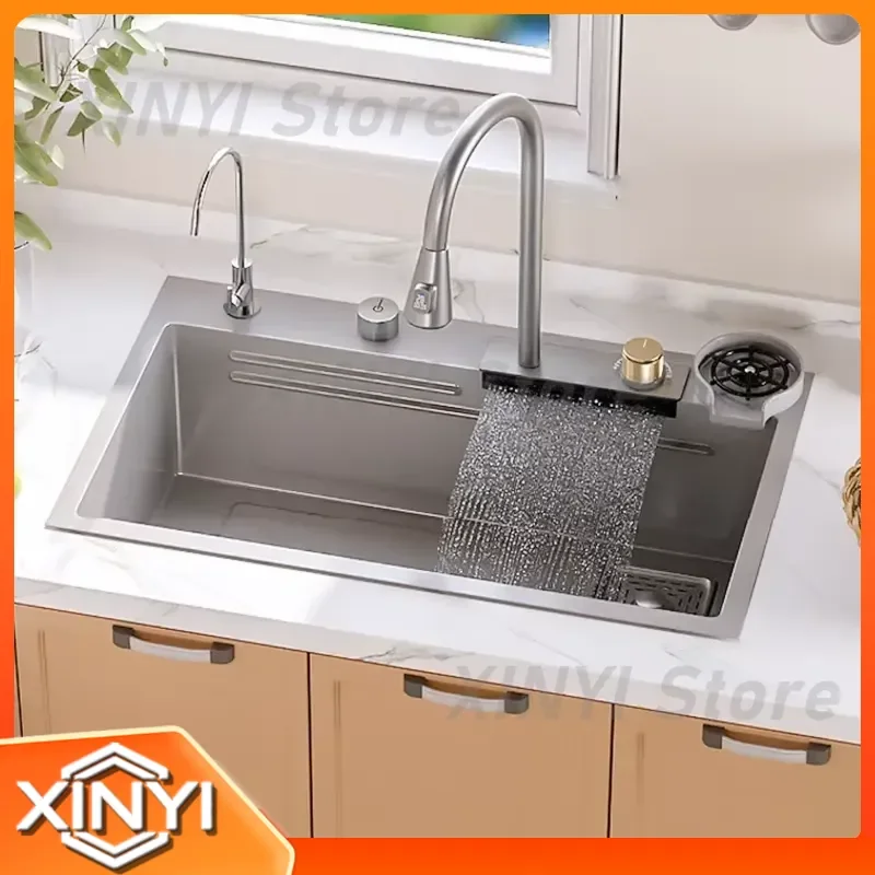 High Quality Stainless Steel Waterfall Kitchen Sink for Modern Home Large Single Bowl Multifunctional Drop-in Farmhouse Sink