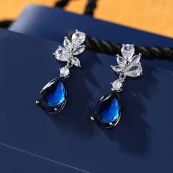 Pendientes de lágrima cúbicos azules de zafiro elegantes para fiestas de boda