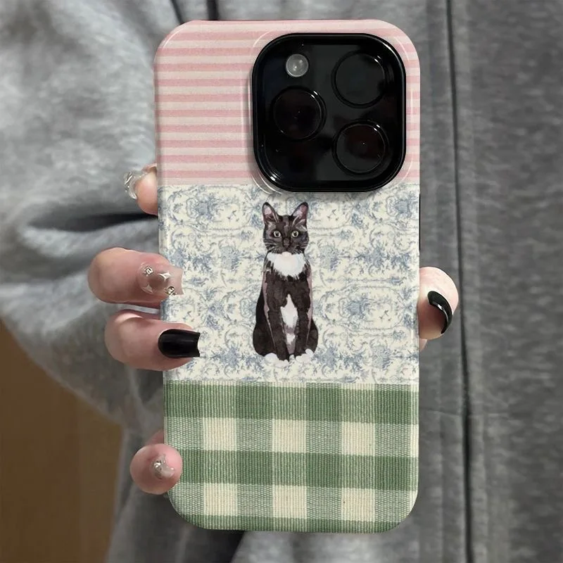 Vintage Patchwork Tuxedo Cat Print Glossy Casual Style Phone Case for iPhone 17 16 15 14 13 12 11 Pro Max Plus Back Cover view 5