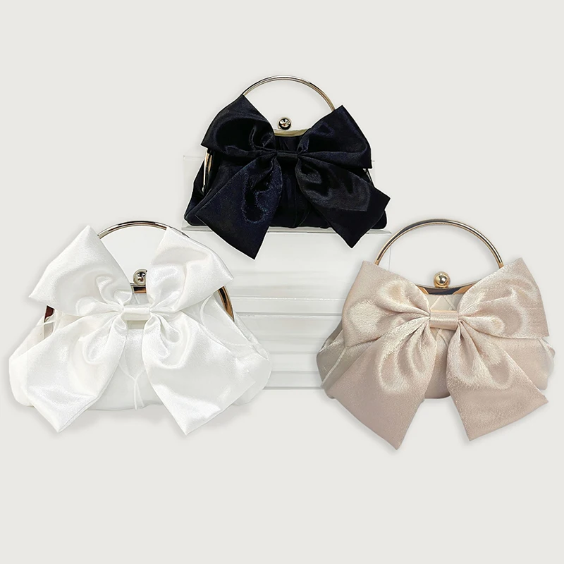 

2025 New Fashion Chain Shoulder Bag with Sweet Satin Bow Womens Elegant Evening Clutch Ladies Handbag for Wedding Parties