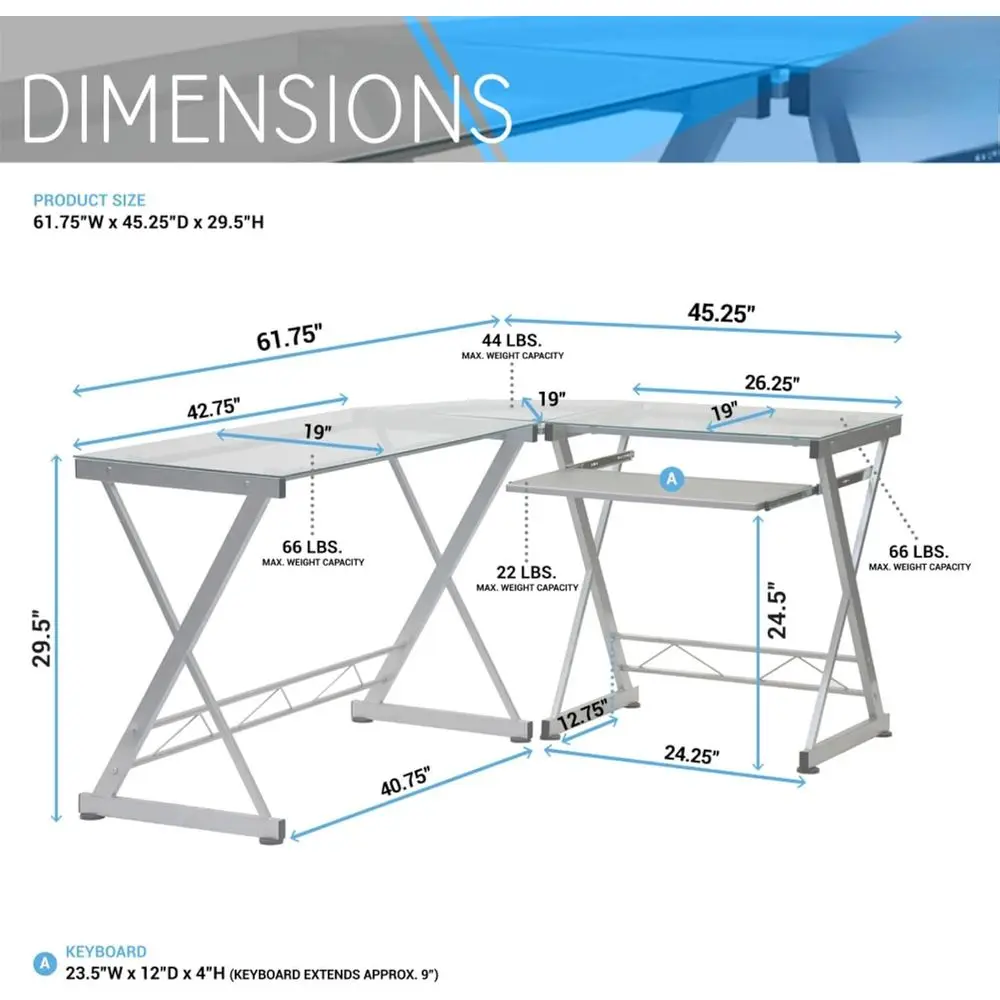 Reversible L-Shaped Glass Computer Desk with Pull-Out Tray for Home Office or Study