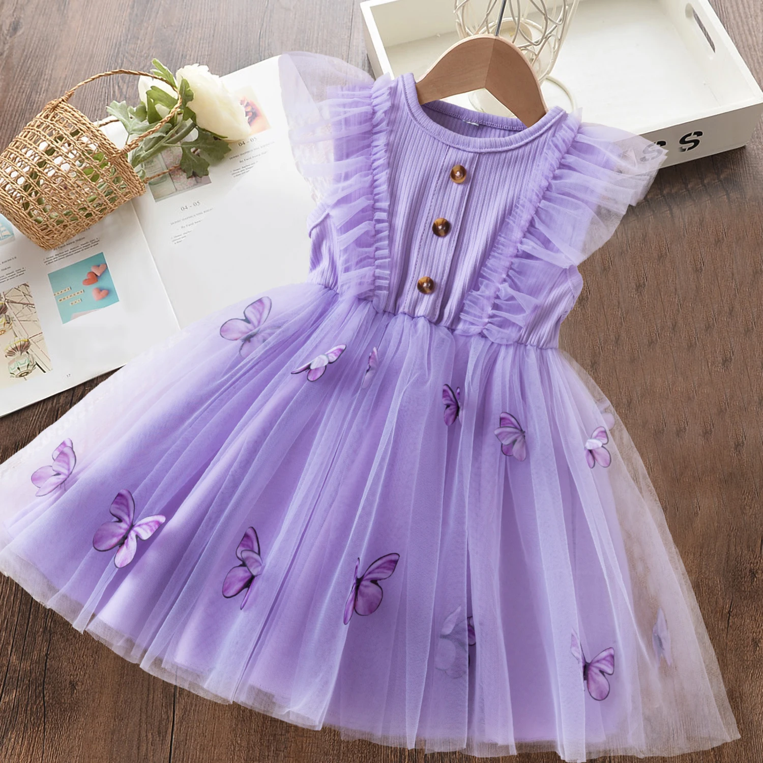 Summer Princess Dress for Girls New Butterfly Mesh Flying Sleeves Dress Girls Fashion Dresses 2024 Cute Girls Summer Casual Wear