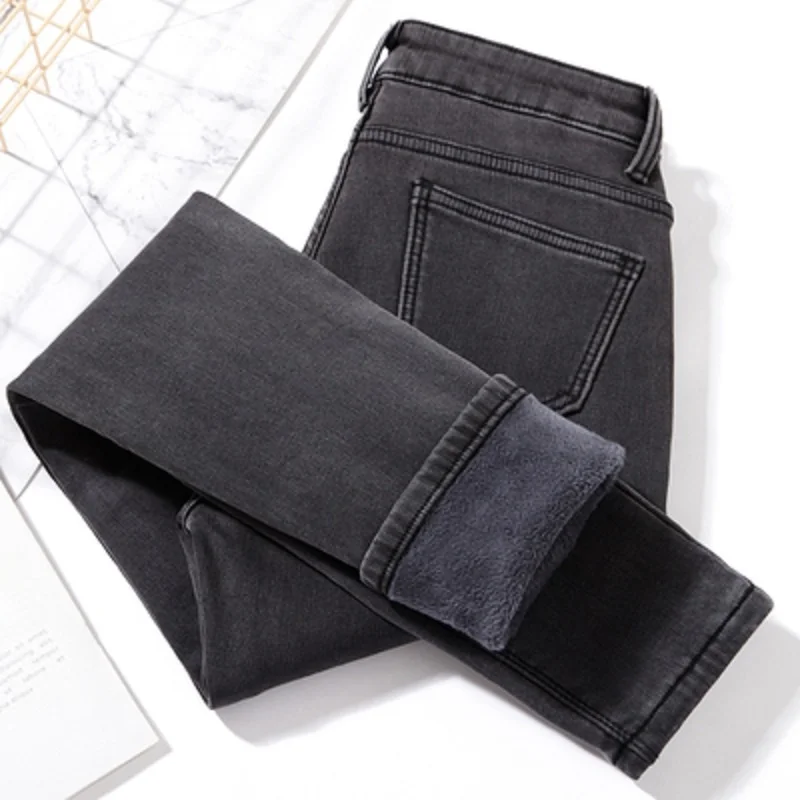 

Women's High Waist Fce Lined Denim Jeans Thiened Winter Long Trousers Elastic Cuffed Bootcut Korean Sle New Arrival