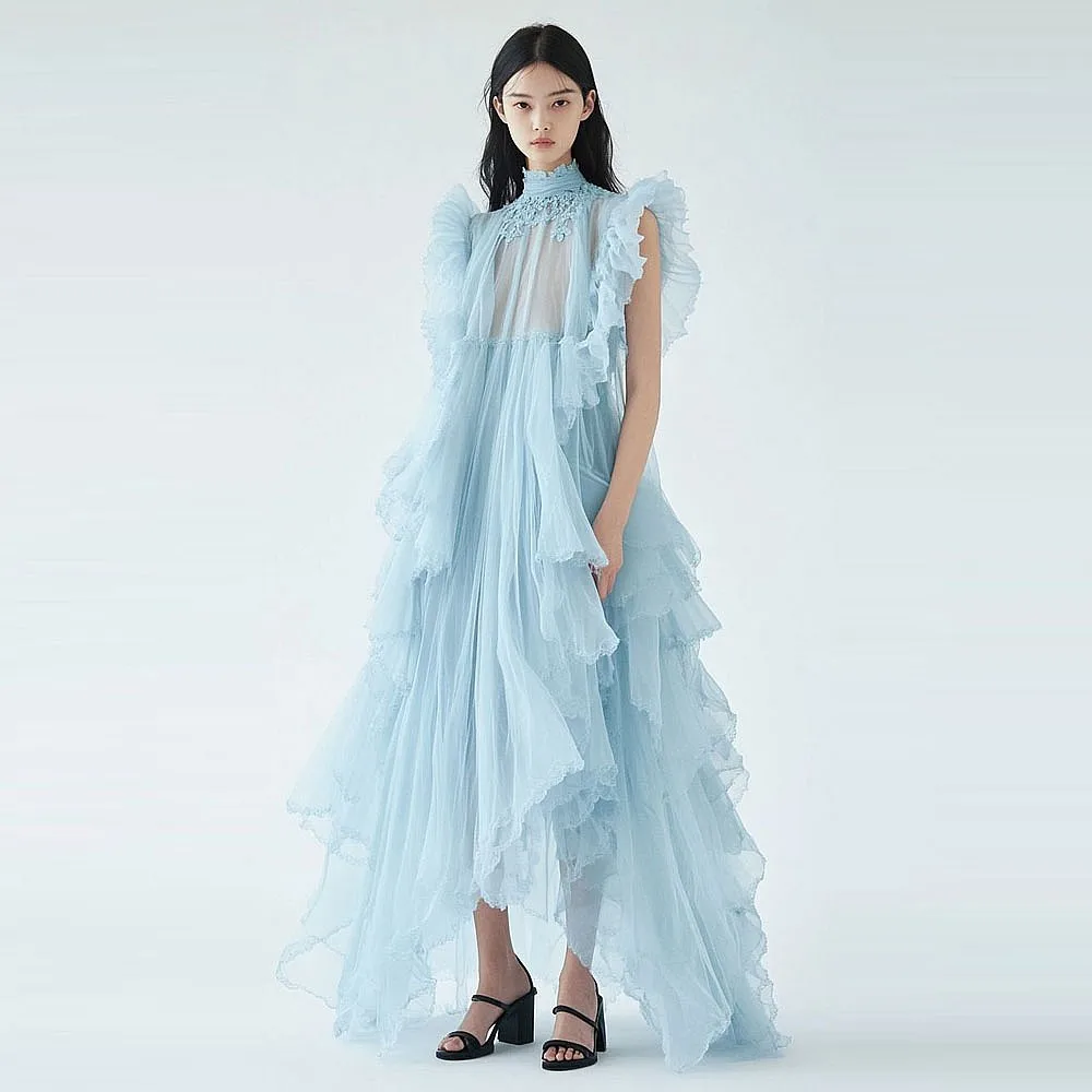 Vestidos de tul azul cielo, cuello alto, mangas con volantes, vestido de verano para vacaciones en la playa, vestidos de fiesta de cumpleaños para mujer