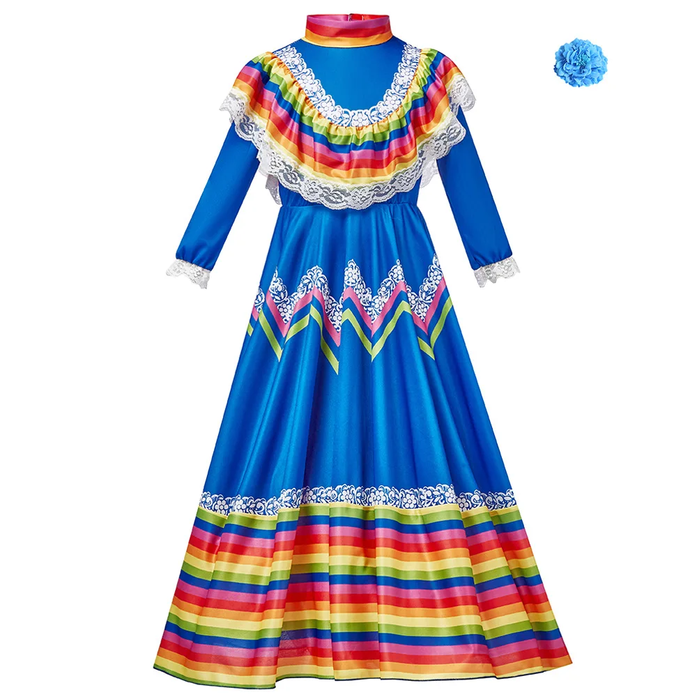 

Girls Mexican Traditional Folk Dancer Dress Colorful Stripe Dress with Flower Hair Clip Festival Dance Stage Performance Costume